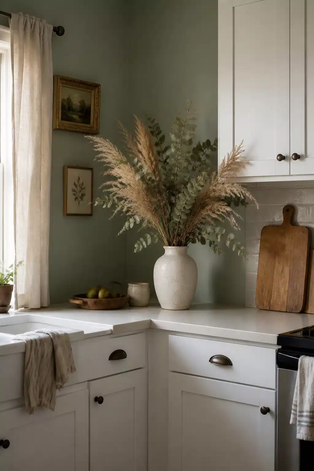 Sage green kitchen walls with white cabinets, dried pampas grass in ceramic vase on white countertop