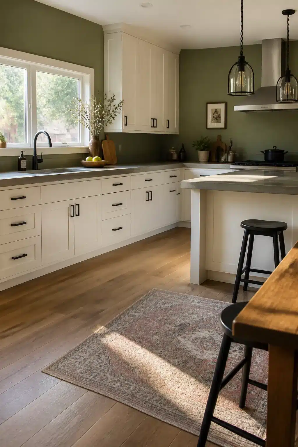 Sage green kitchen walls with white cabinets, matte black hardware, pendants, and a vintage rug on wood floors.