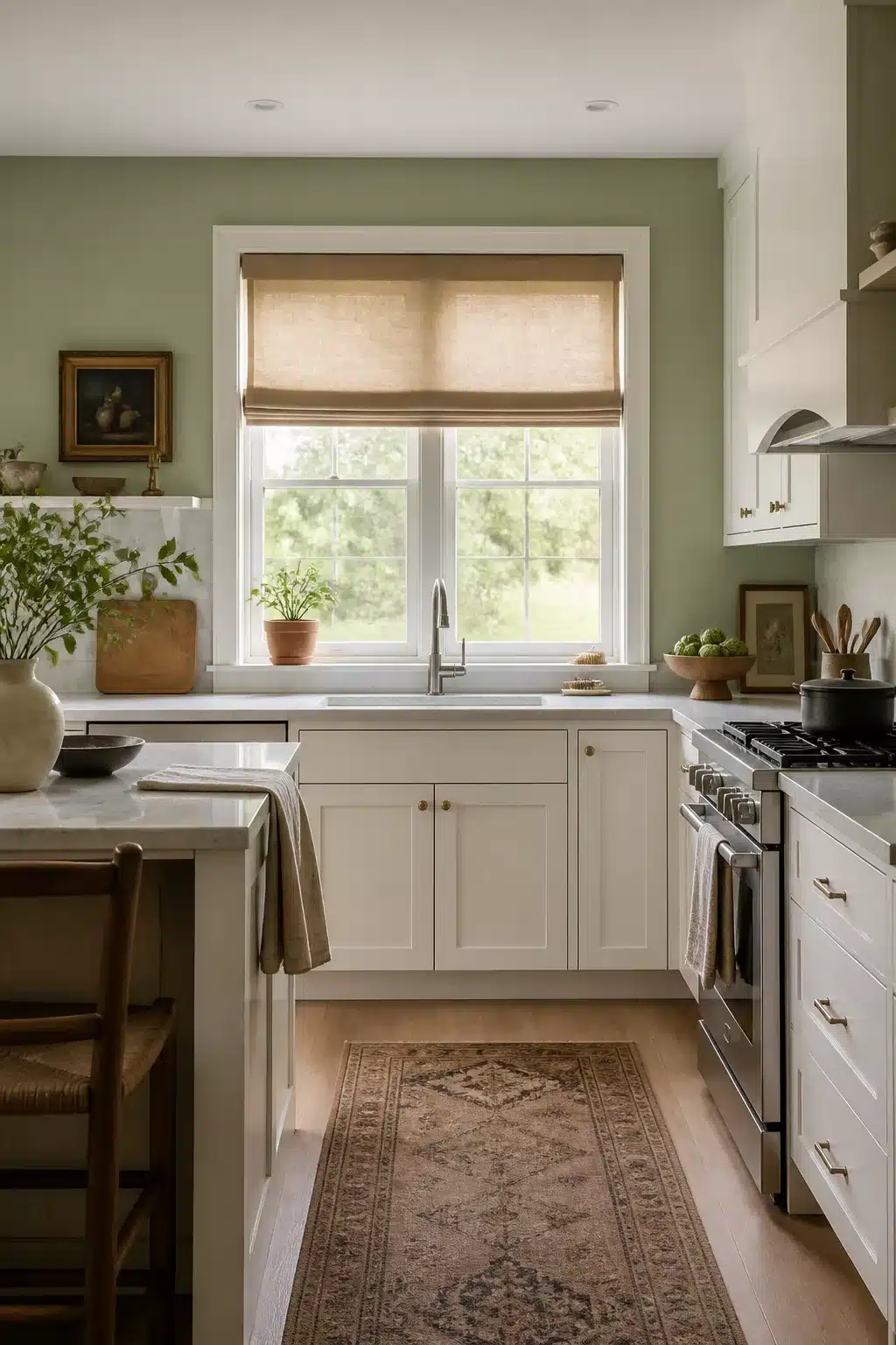 Sage green kitchen walls with white cabinets, natural linen roman shade, and a vintage runner rug