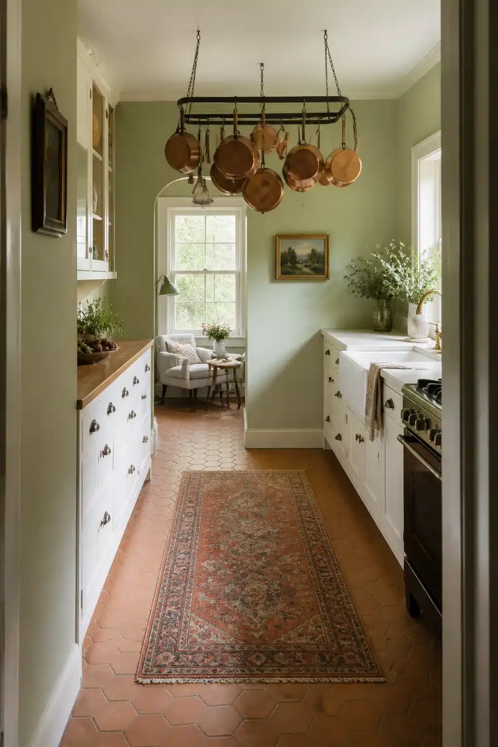Sage green kitchen walls with white cabinets, terracotta hex tile floor, copper pot rack, and vintage runner rug.