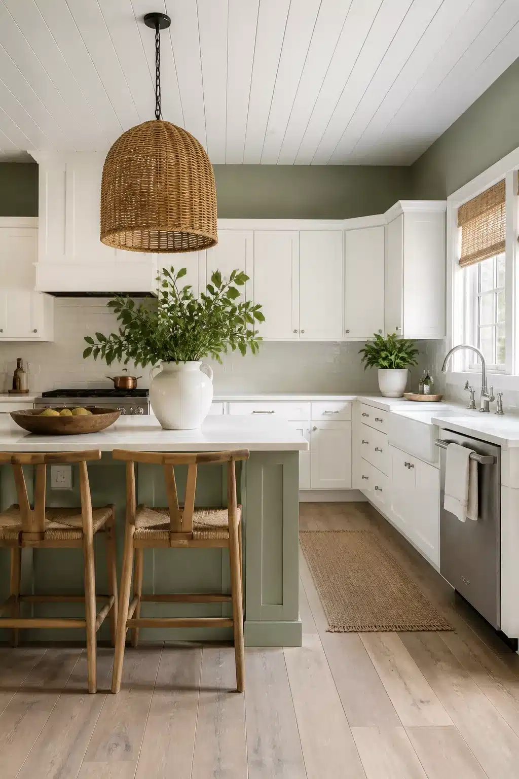 Sage green kitchen walls with white cabinets, shiplap ceiling, wicker pendant light, and green kitchen island