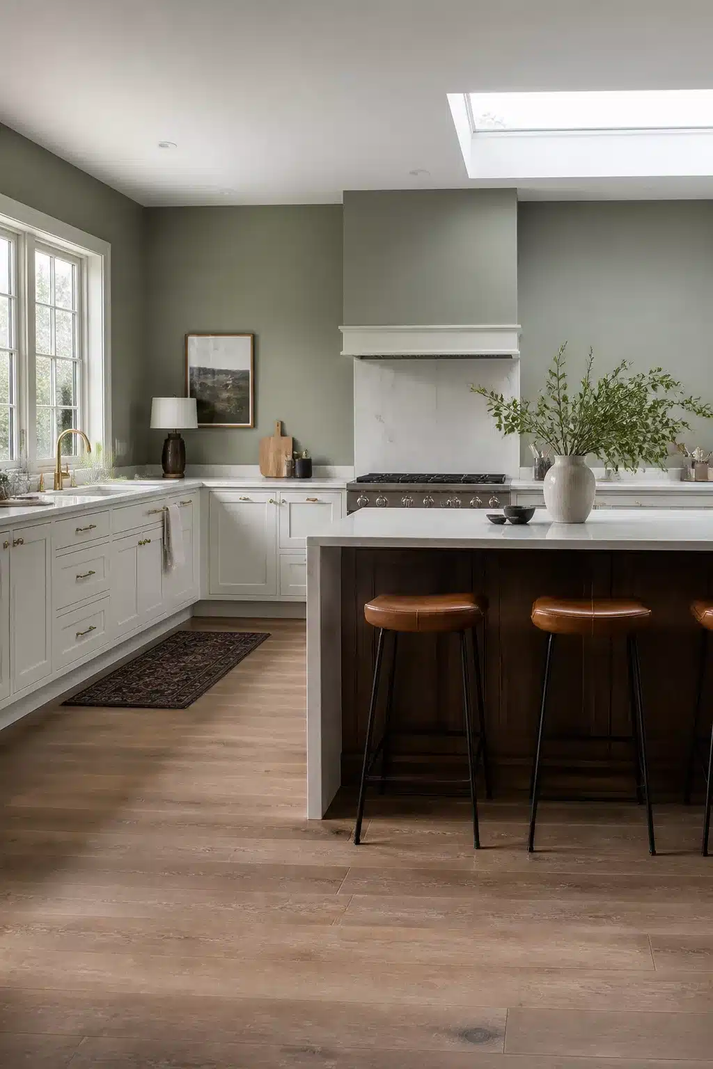 Sage green kitchen walls with white cabinets, dark walnut island, leather barstools, and skylight natural light