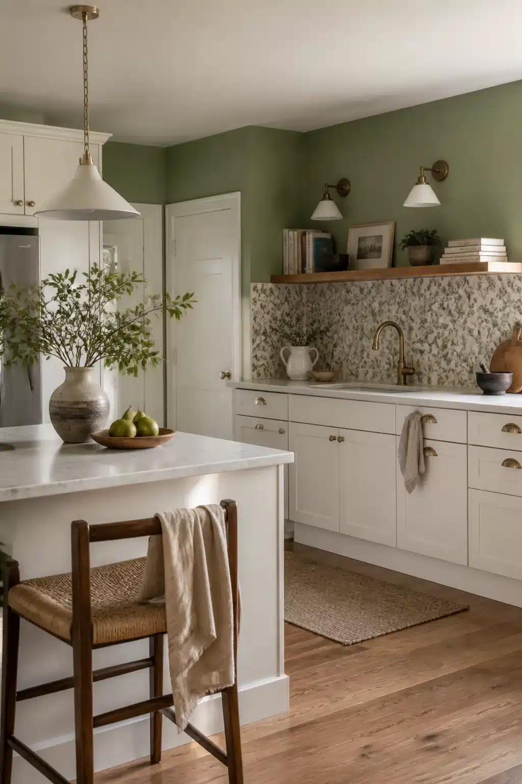 Sage green kitchen walls with white cabinets, floral mosaic backsplash, brass sconces, and marble island countertop.
