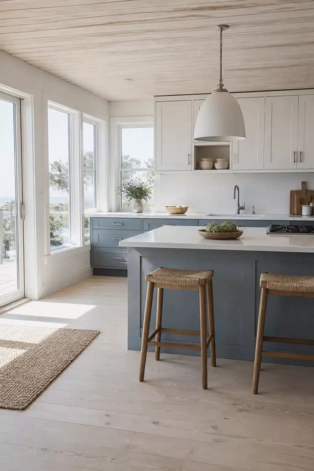 Scandi coastal kitchen with whitewashed wood plank ceiling, blue-gray cabinets, white island, and woven bar stools