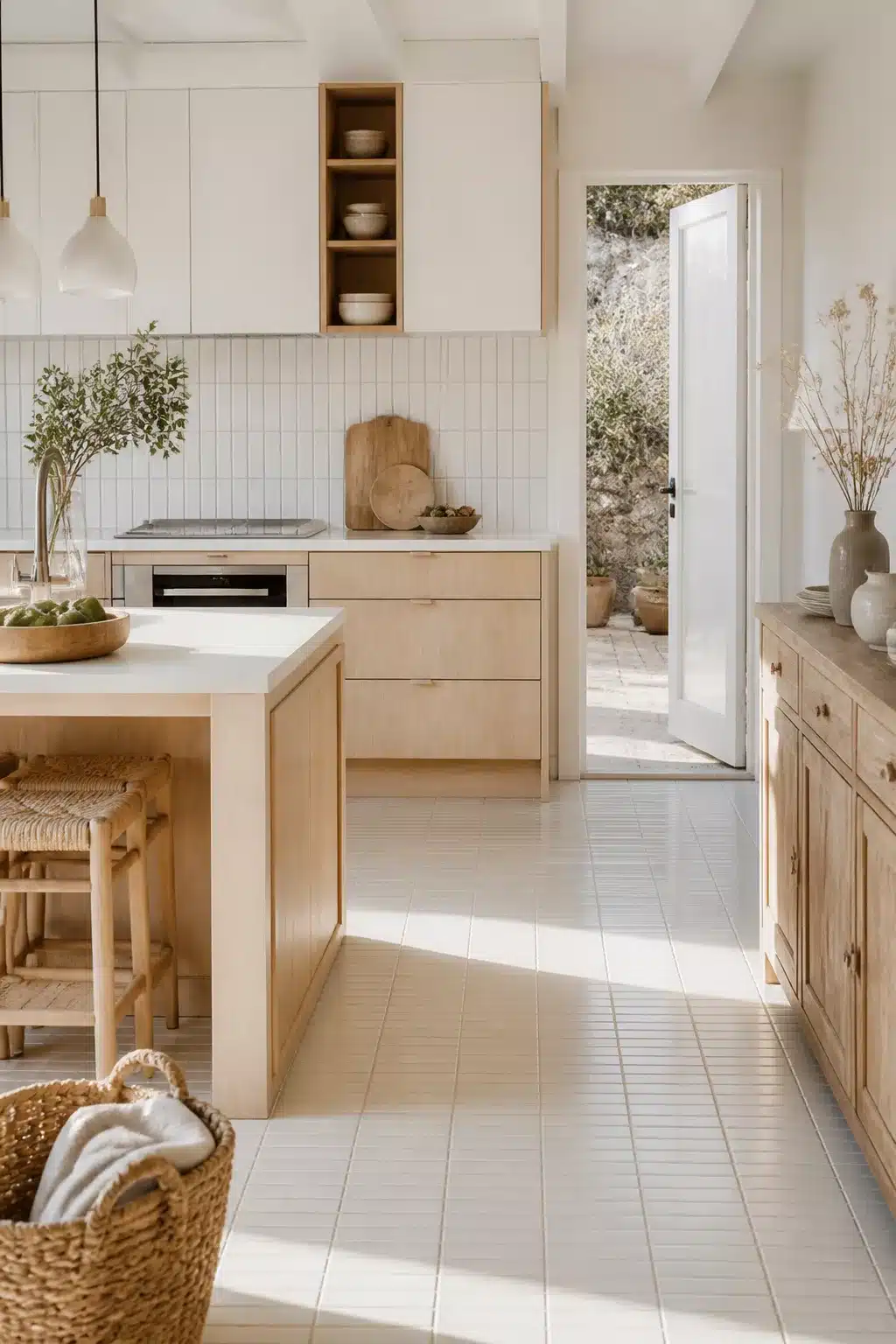 Small-format white ceramic tile floor in a Scandi coastal kitchen with pale oak cabinets and natural light