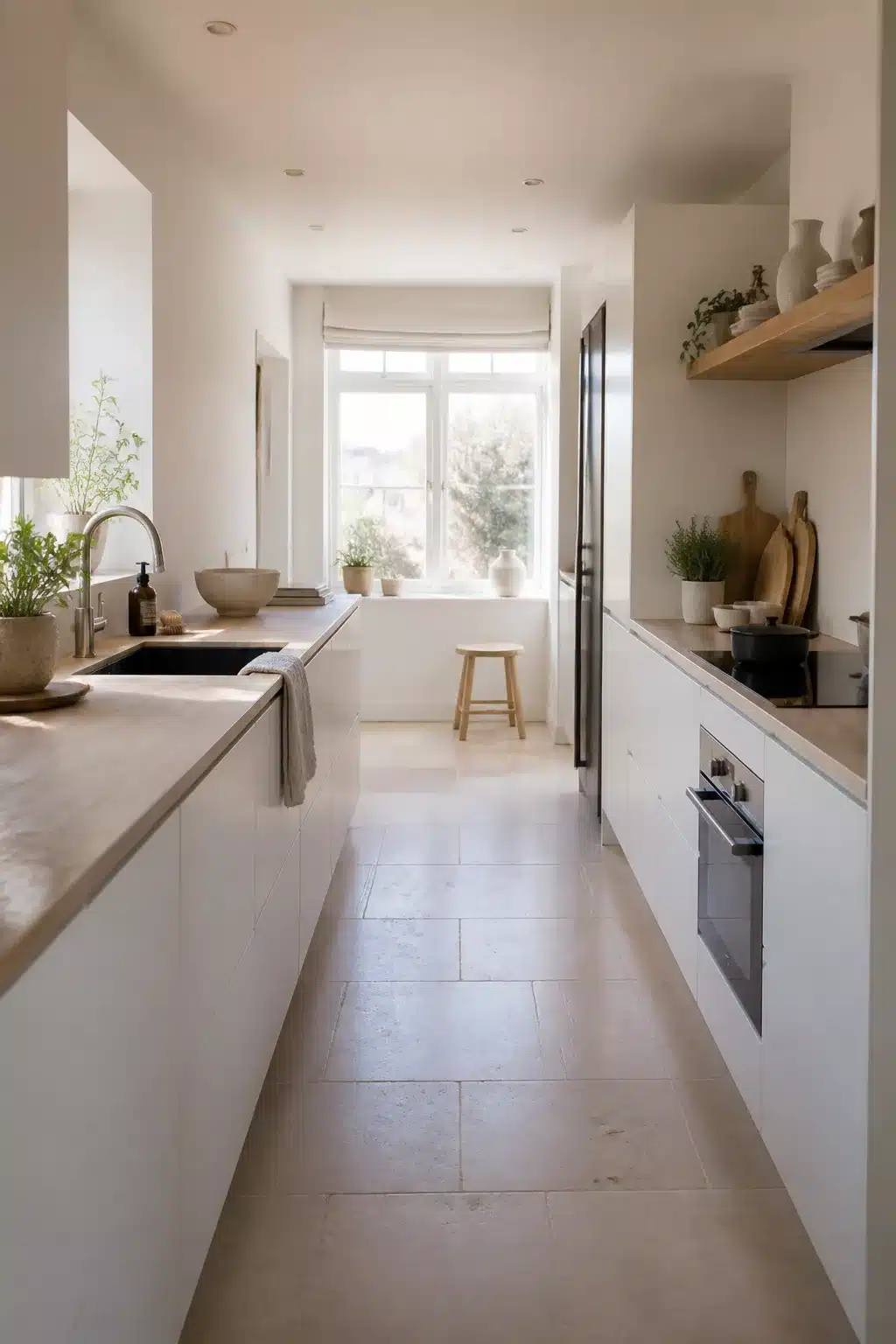 Scandi coastal kitchen with handleless white galley cabinets, stone countertops and natural light from bay window