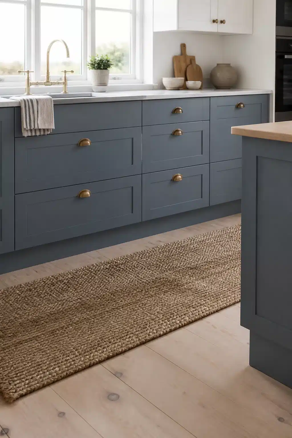 Matte blue-gray shaker kitchen cabinets with brass hardware and jute runner — Scandi Coastal Kitchen idea