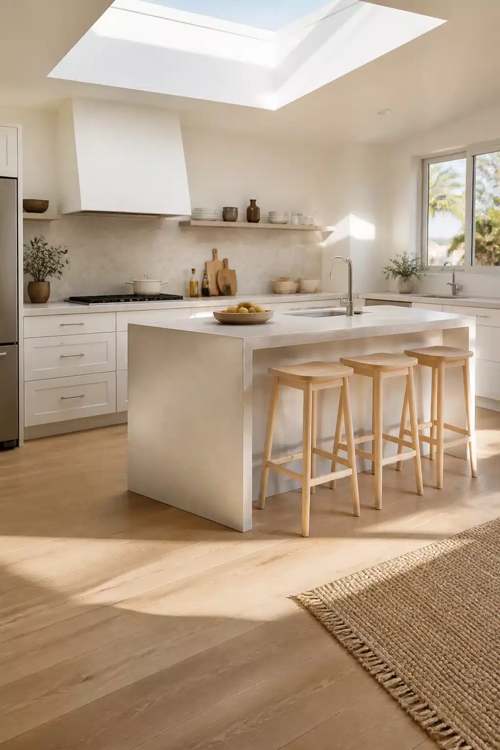 Scandi coastal kitchen with poured concrete island, pale wood floors, and skylight natural light
