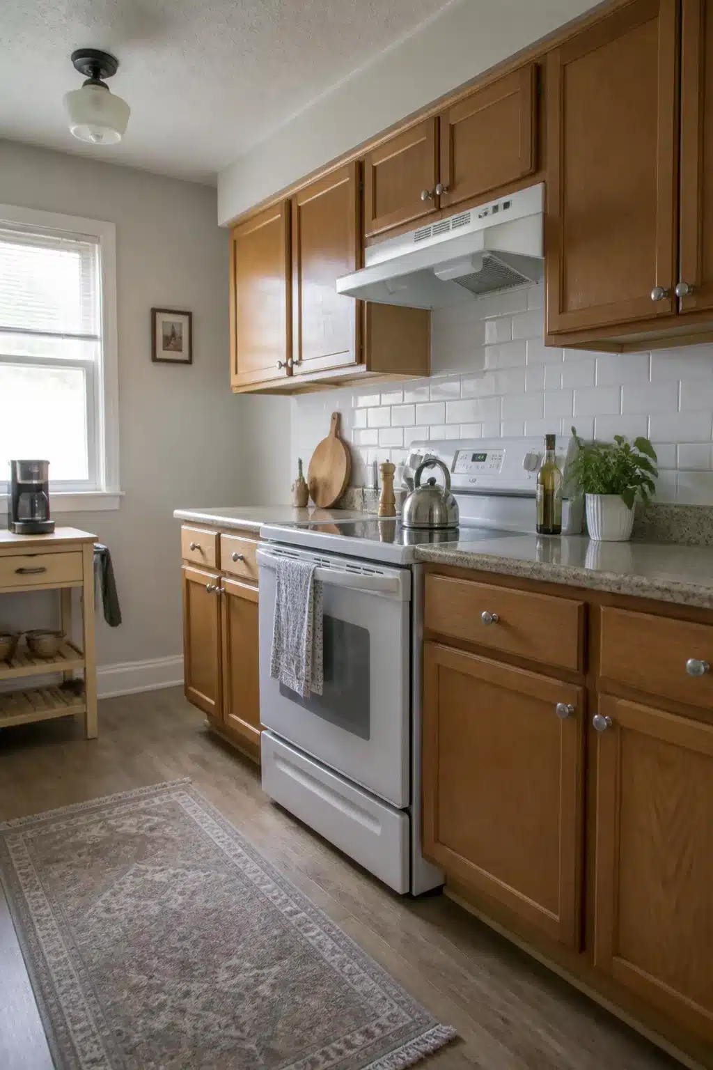 White peel-and-stick subway tile backsplash in a rental kitchen — renter-friendly temporary kitchen makeover idea