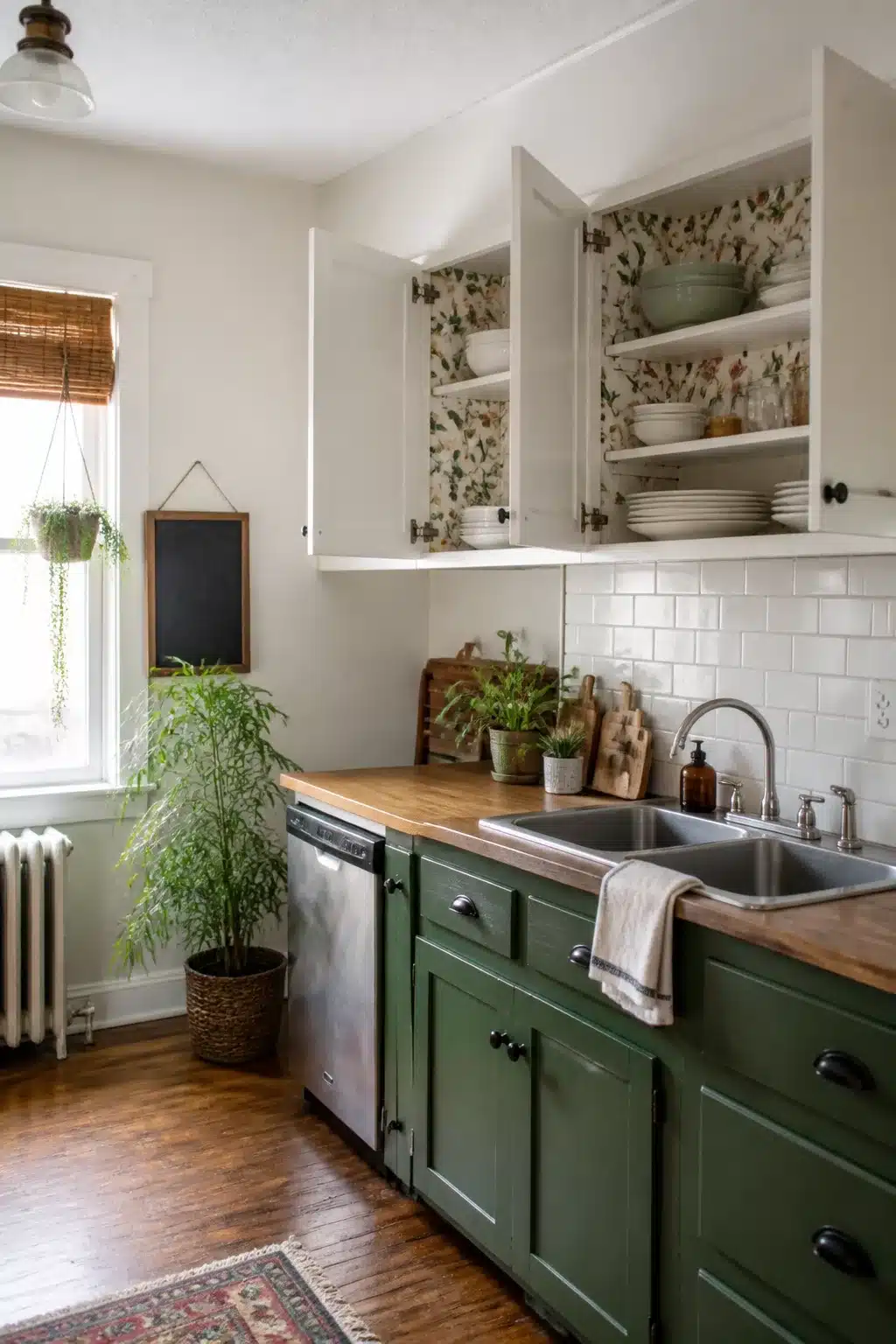 Rental kitchen with removable floral wallpaper inside cabinet doors — renter-friendly temporary kitchen makeover idea.