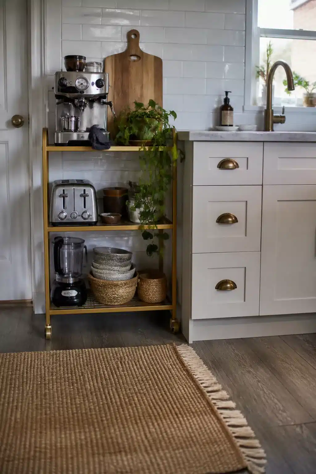 Gold rolling bar cart with appliances and plants in a temporary rental kitchen makeover, renter-friendly storage idea