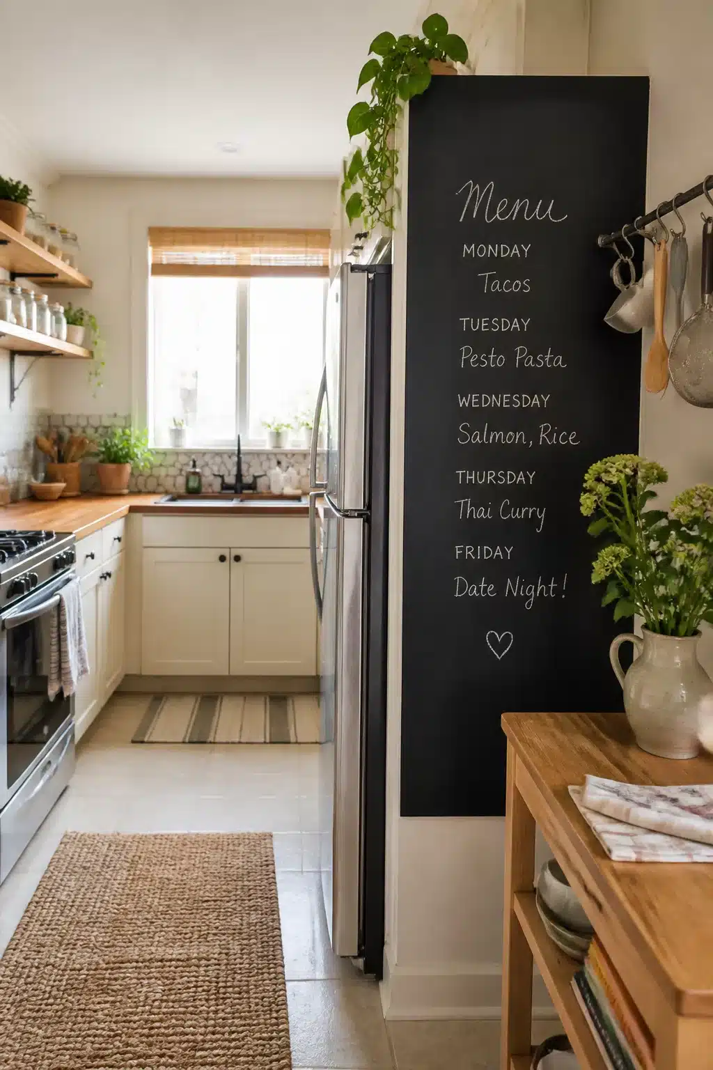 Chalkboard contact paper menu panel in a renter-friendly temporary rental kitchen makeover with white cabinets.