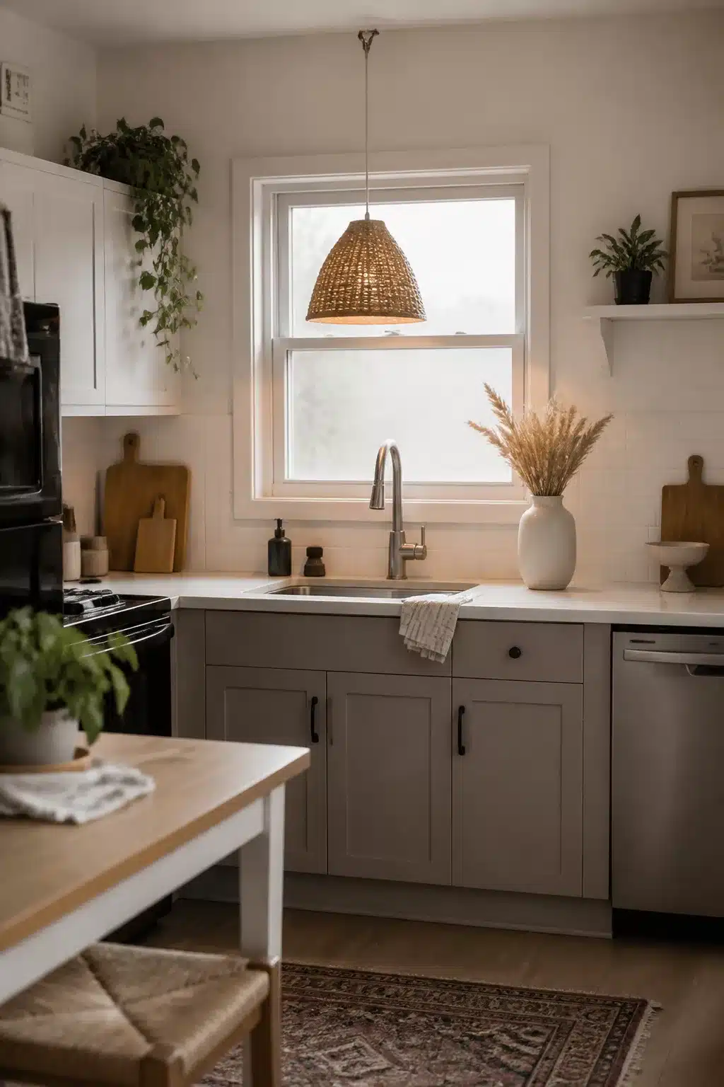 Wicker pendant light swap in a renter-friendly gray and white kitchen — Temporary Rental Kitchen Makeovers