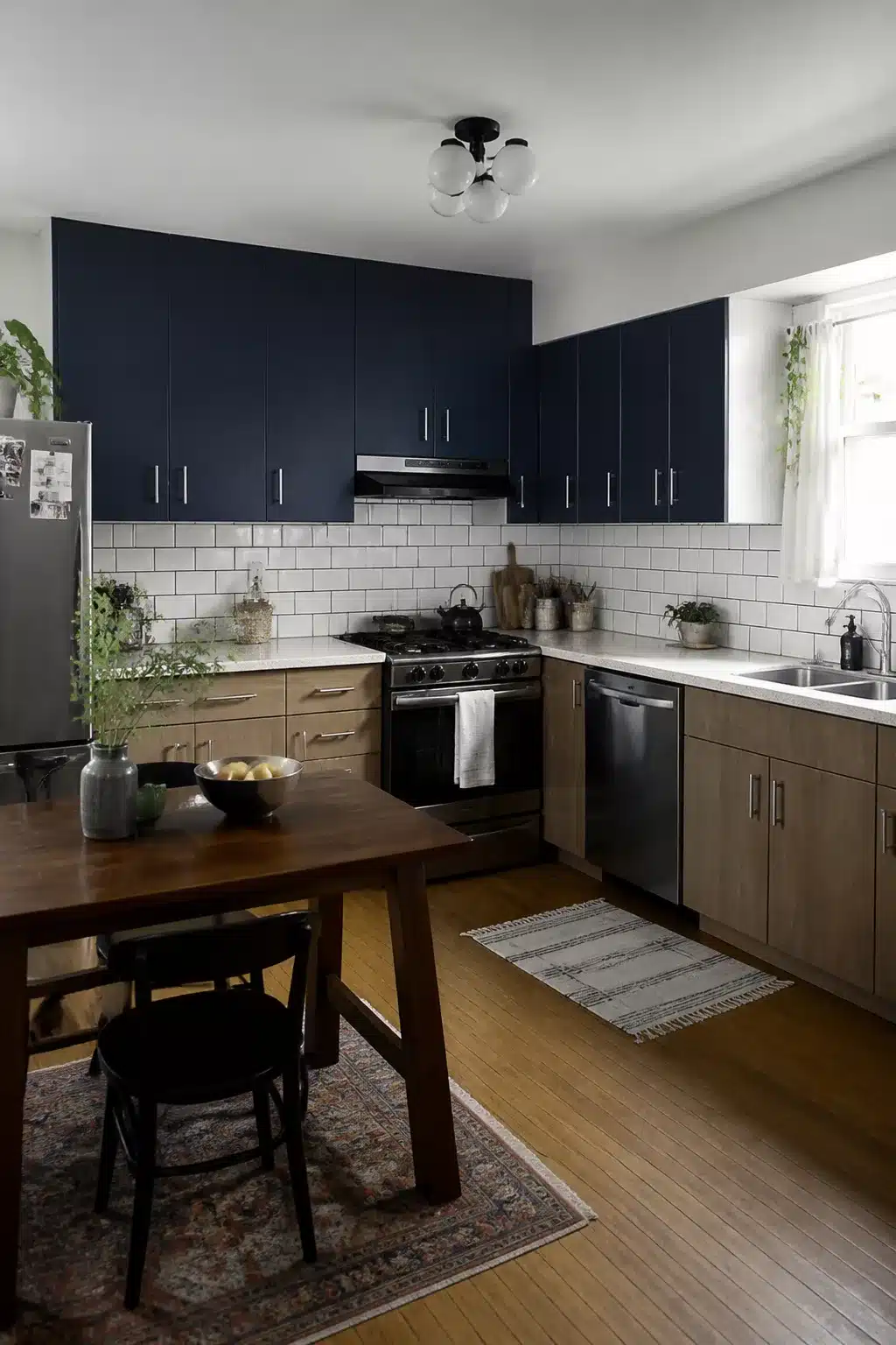 Navy contact paper upper cabinets in a temporary rental kitchen makeover with natural wood lowers and subway tile