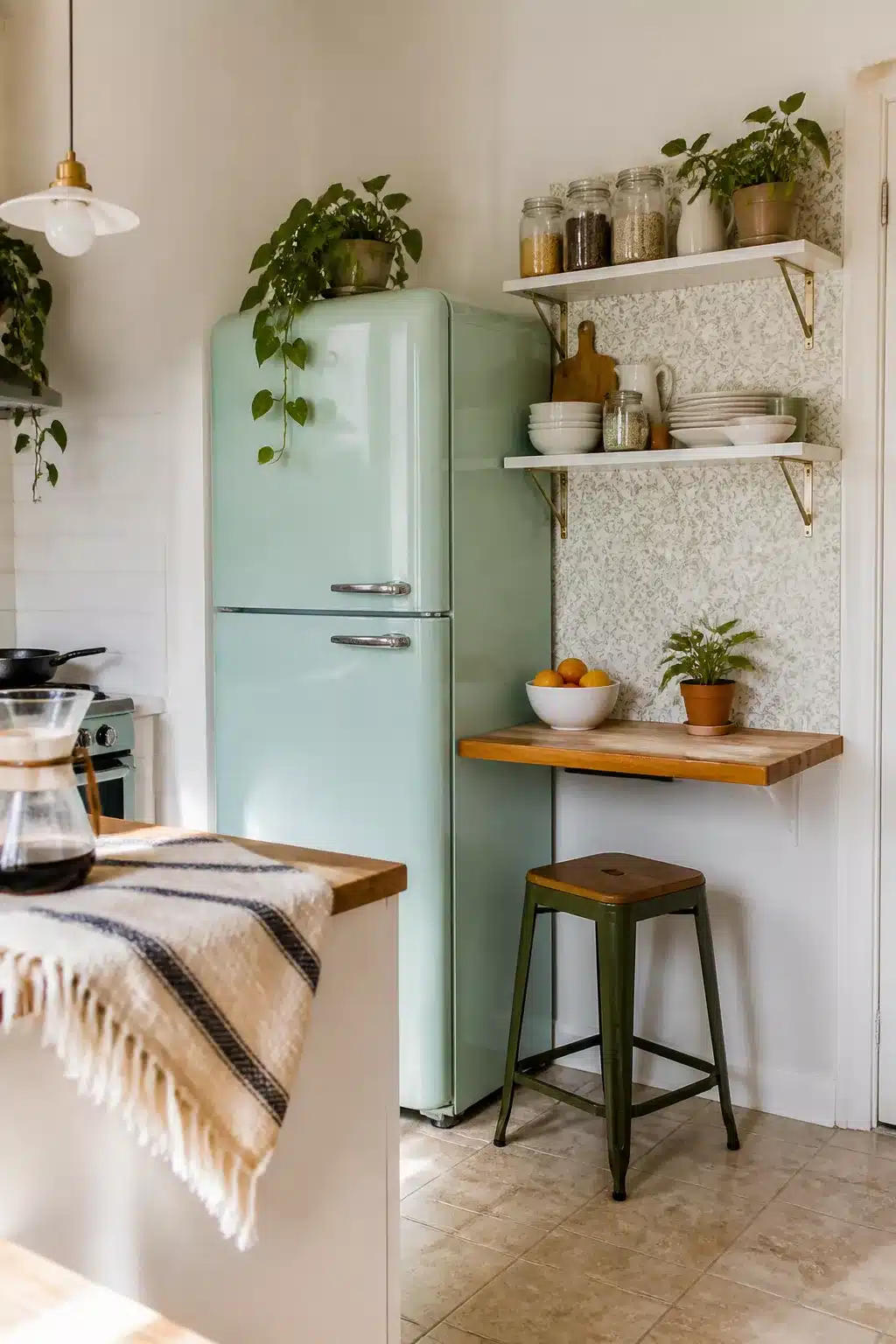 Mint retro freestanding fridge with drop-leaf table and open shelves in a temporary rental kitchen makeover.