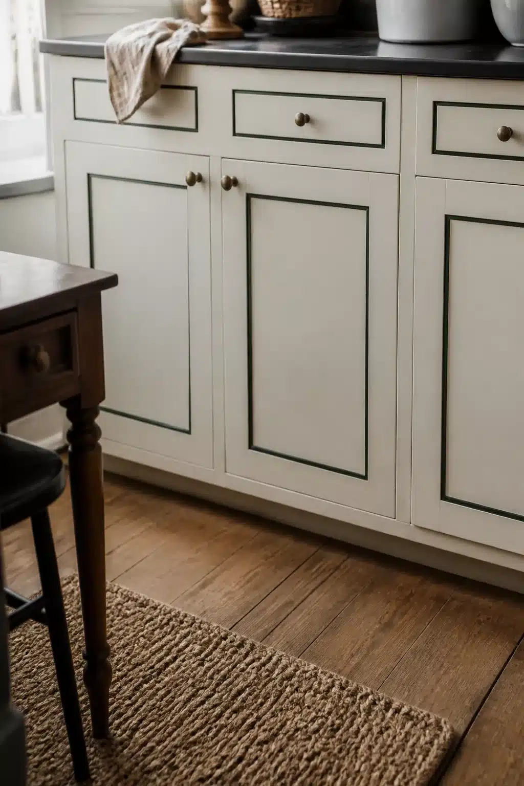 Washi tape cabinet border detail — temporary rental kitchen makeover with cream cabinets and brass knobs