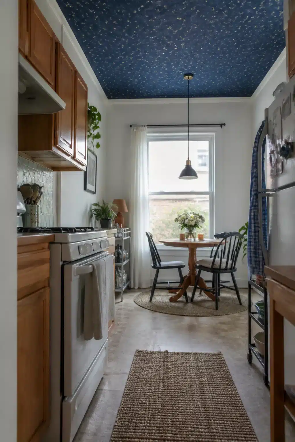 Temporary rental kitchen makeover with navy floral removable wallpaper ceiling, wood cabinets, and pendant light in galley kitchen.