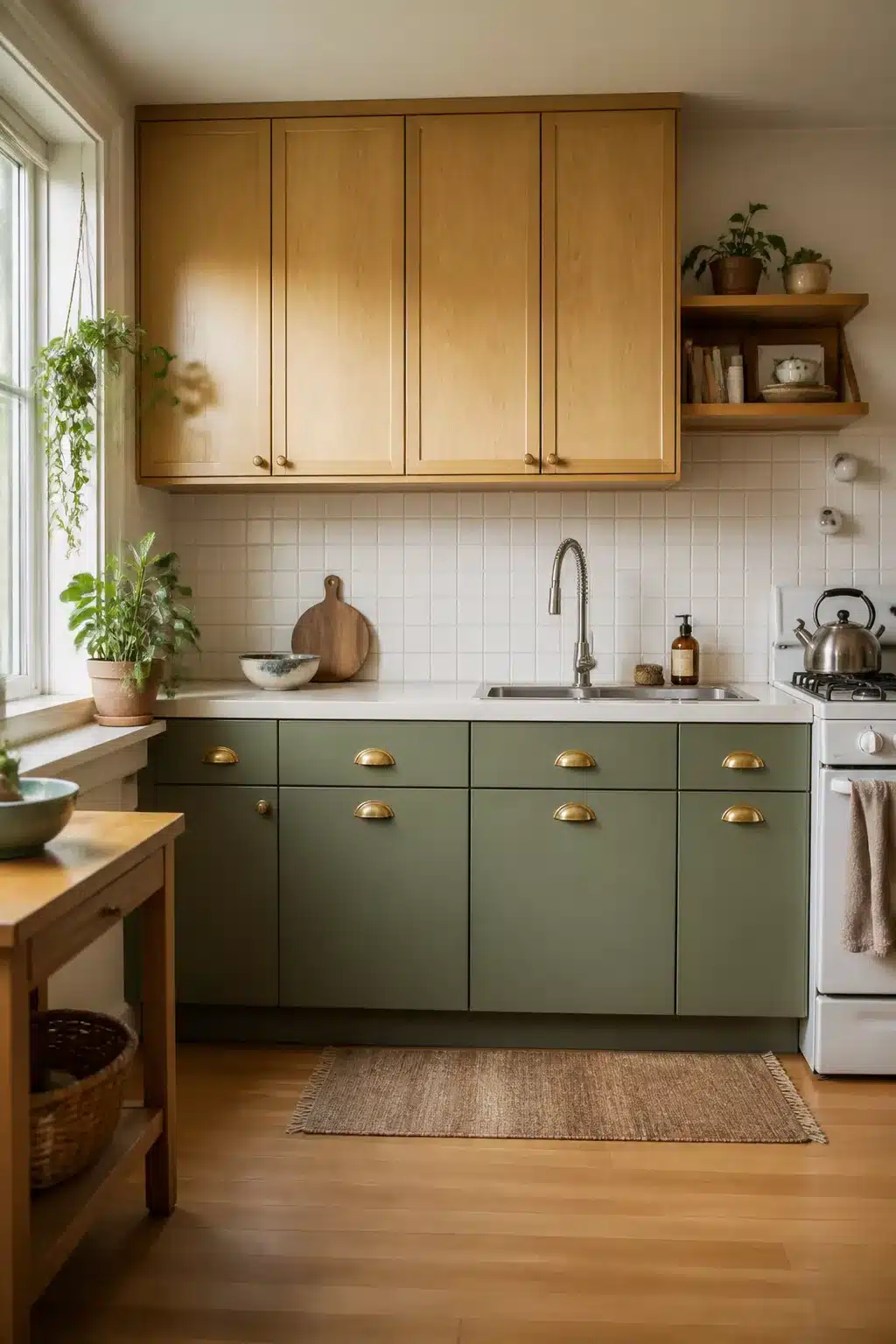Sage green contact paper lower cabinets with brass cup pulls — temporary rental kitchen makeover idea.