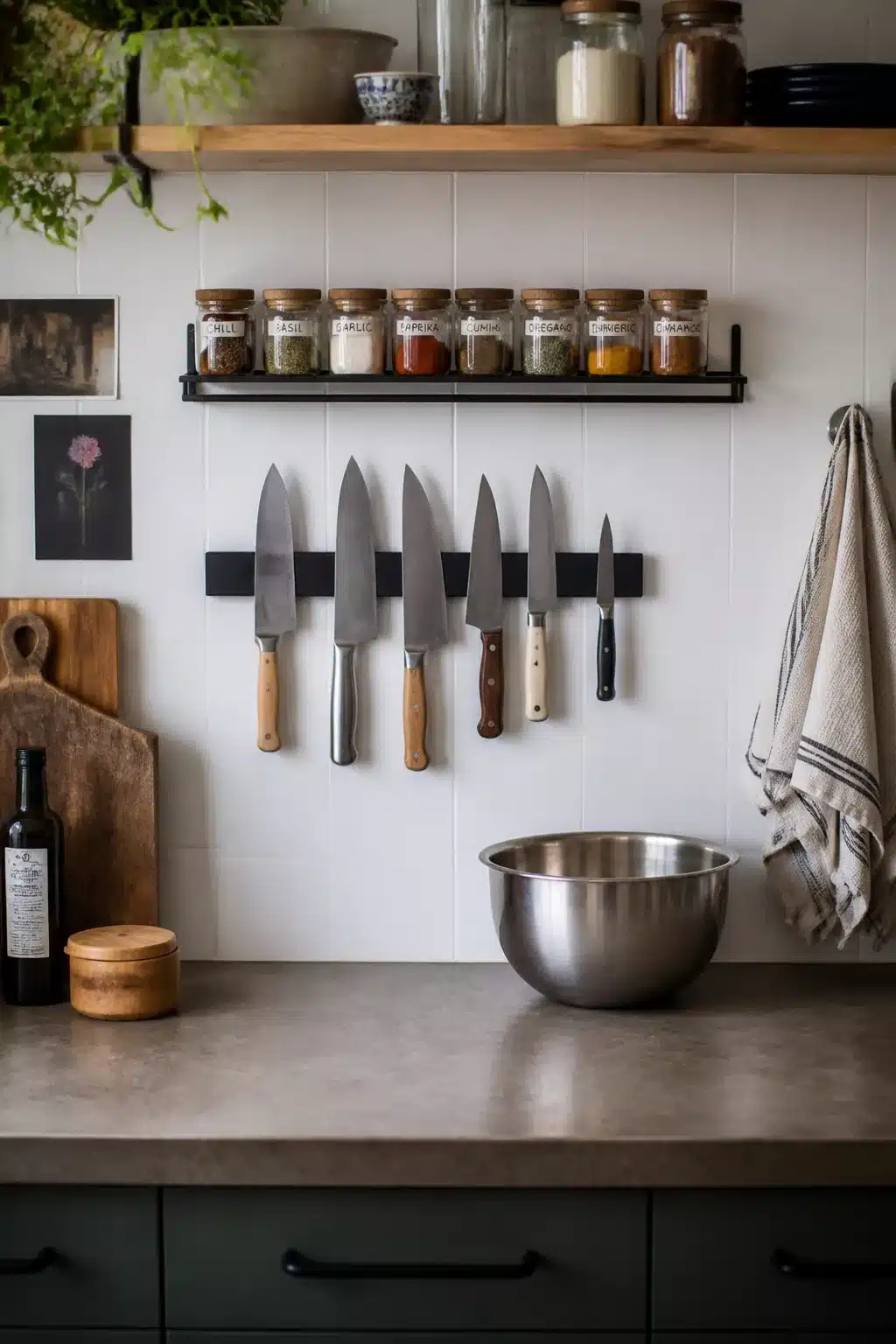 Magnetic knife strip and labeled spice rail on white tile backsplash — temporary rental kitchen makeover idea