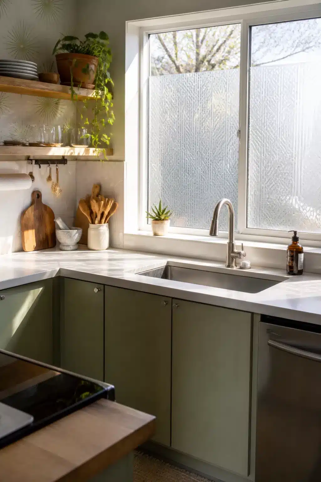 Frosted patterned window film in a rental kitchen makeover with olive cabinets and open shelving — temporary renter-friendly upgrade
