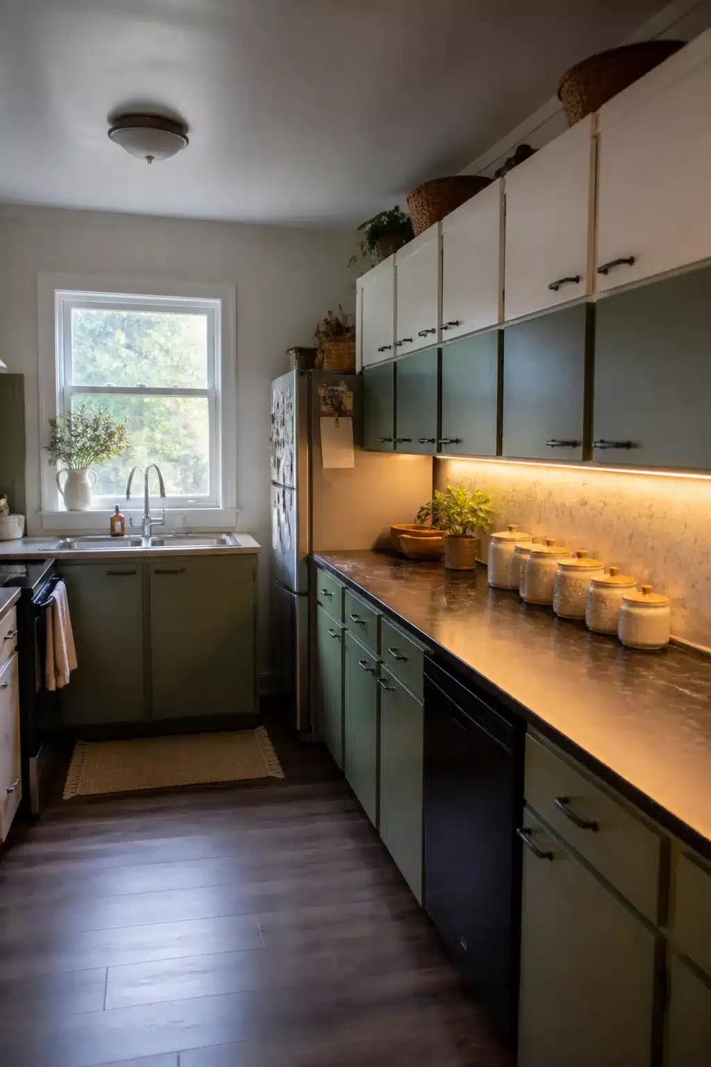 Plug-in LED under-cabinet strip lighting in a rental kitchen makeover with green cabinets and warm countertop glow.
