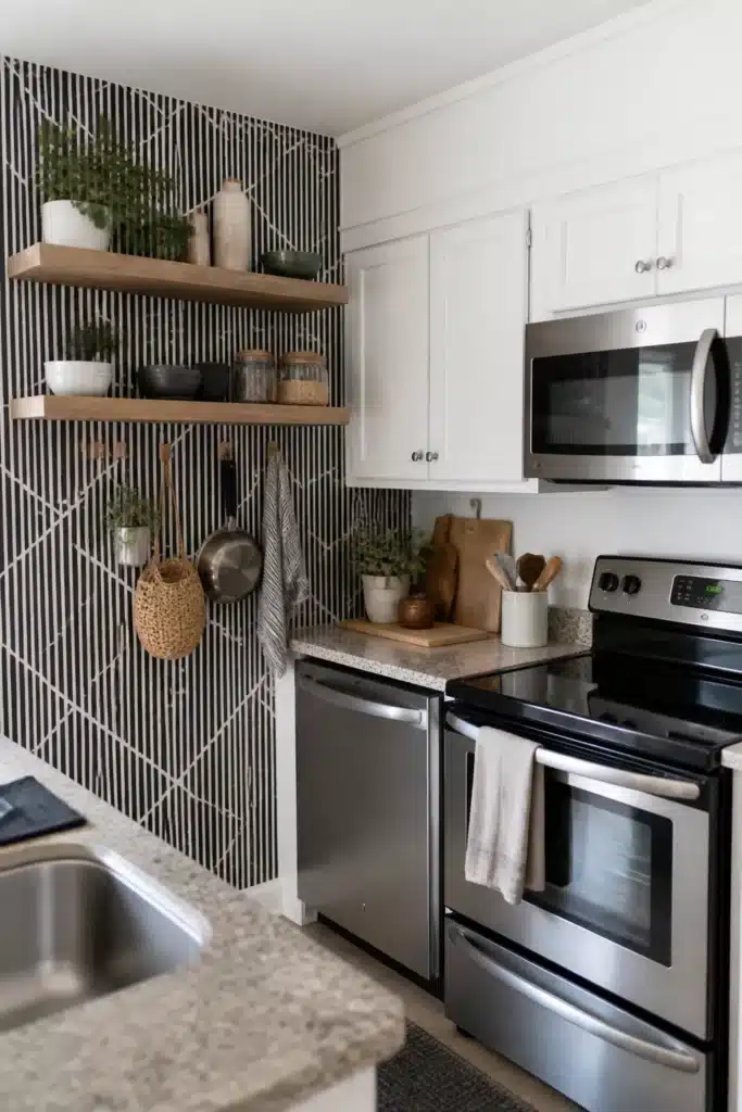 Black and white geometric removable wallpaper accent wall in a renter-friendly temporary rental kitchen makeover.