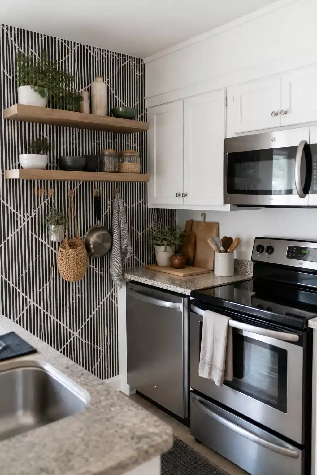 Black and white geometric removable wallpaper accent wall in a renter-friendly temporary rental kitchen makeover.