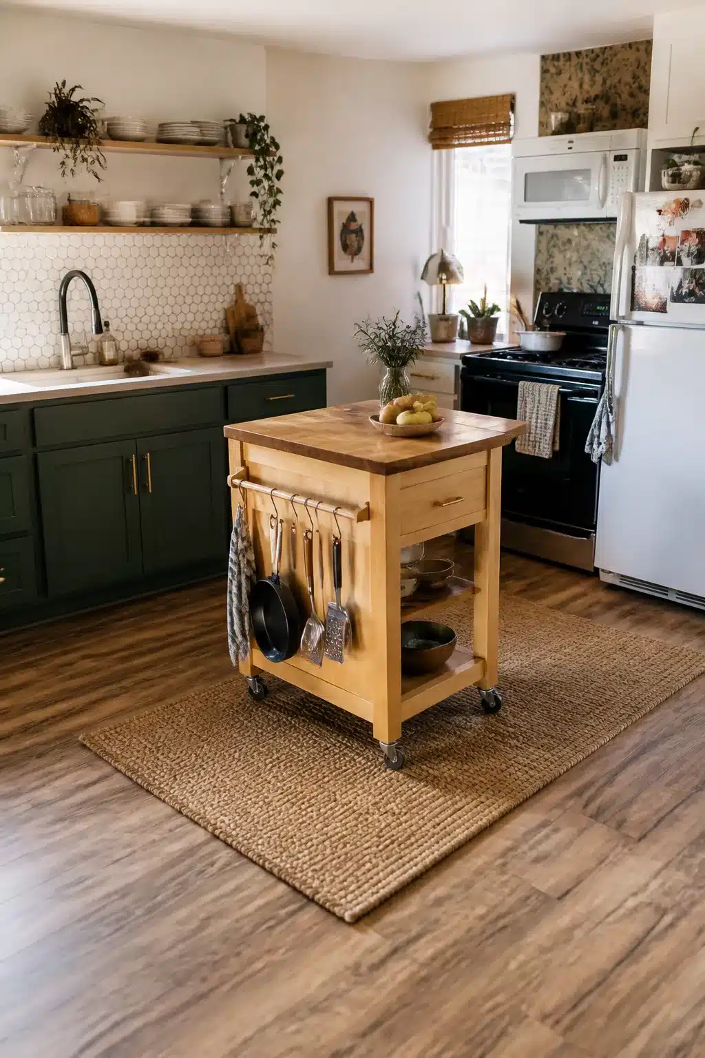 Rolling butcher block kitchen island on casters — renter-friendly temporary rental kitchen makeover idea with pot rail storage.