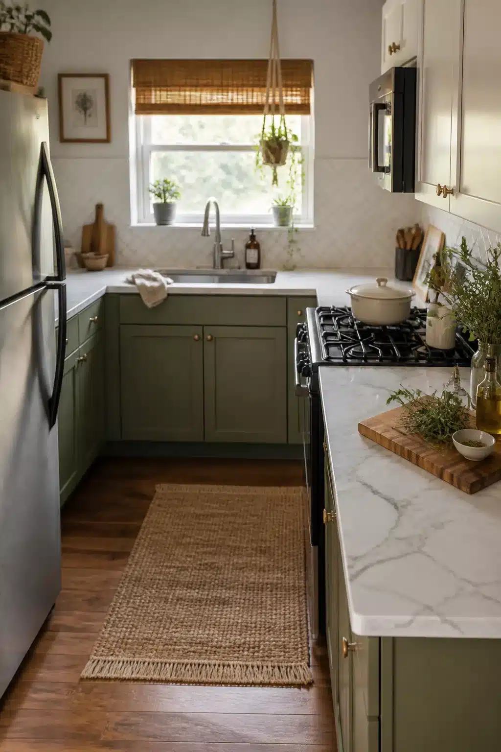 Marble peel-and-stick countertop film in a renter-friendly temporary rental kitchen makeover with sage cabinets