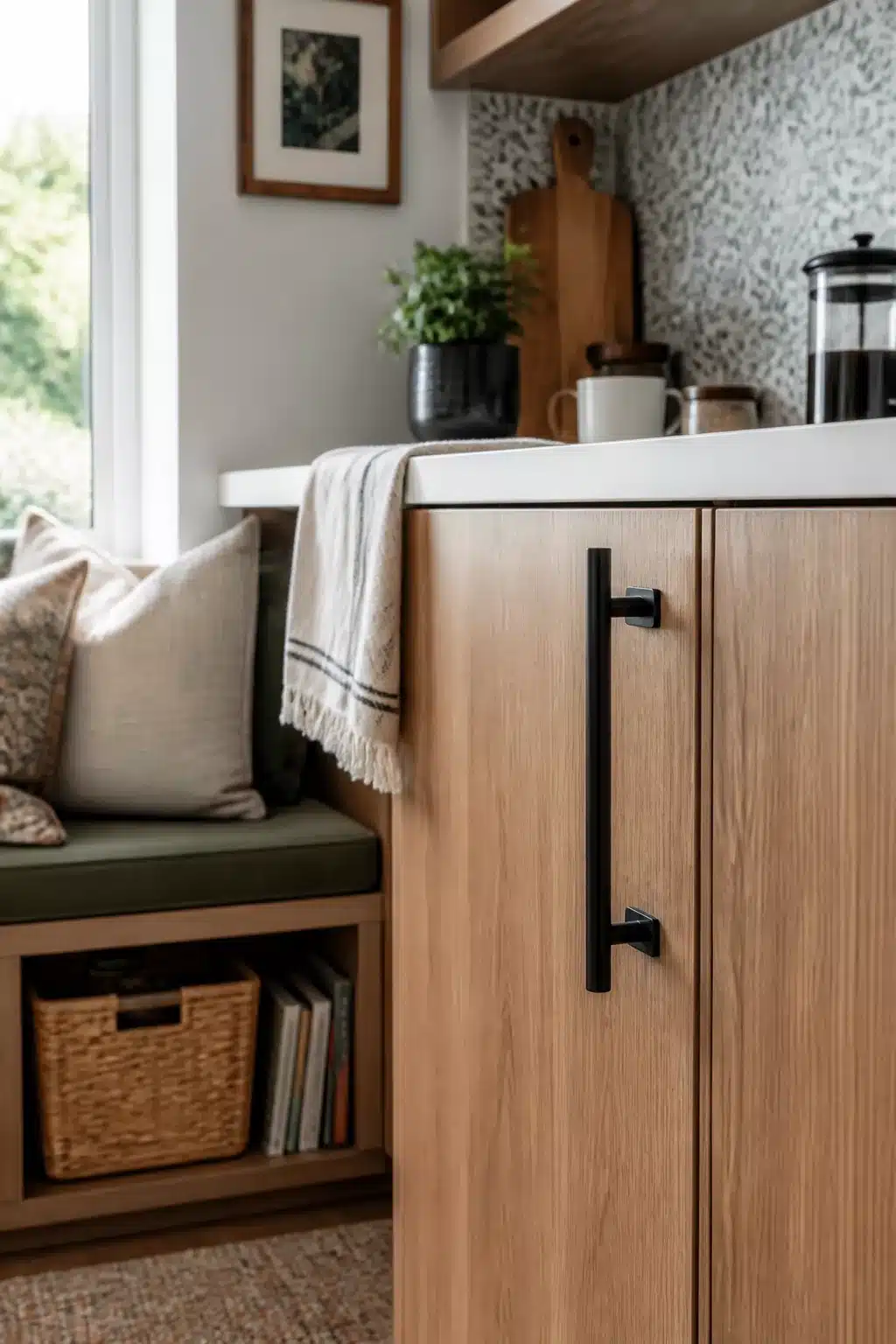 Matte black bar pulls on light oak cabinets — renter-friendly temporary rental kitchen makeover idea.