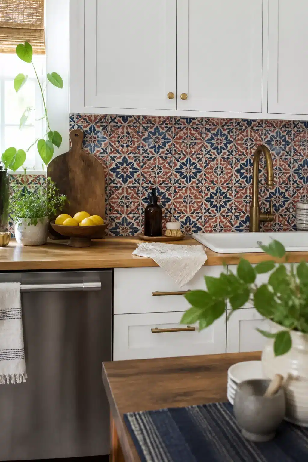 Peel-and-stick Moroccan tile backsplash with butcher block counters — temporary rental kitchen makeover idea