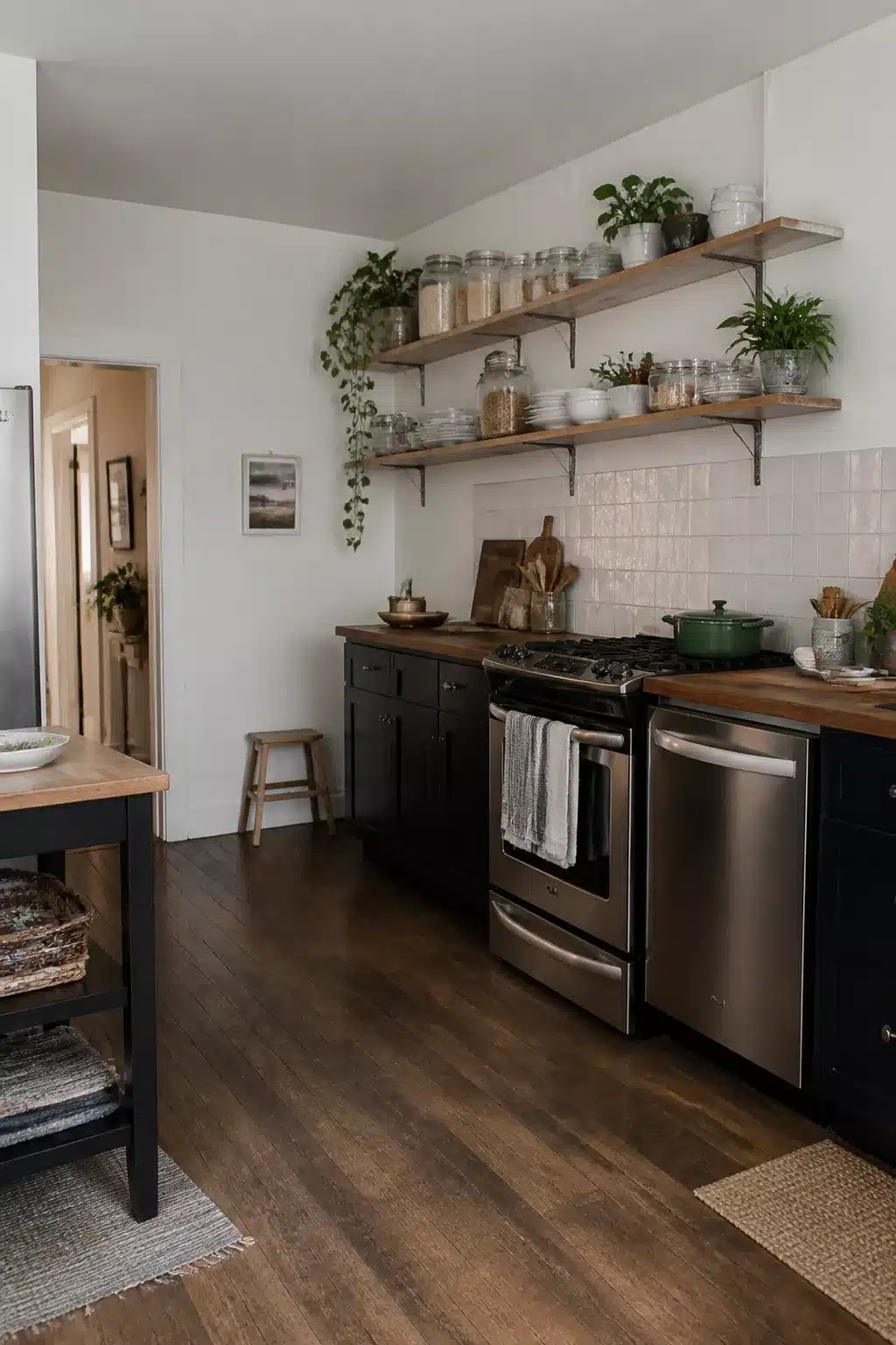Rustic open shelf styling in a temporary rental kitchen makeover with dark cabinets and butcher block countertops.