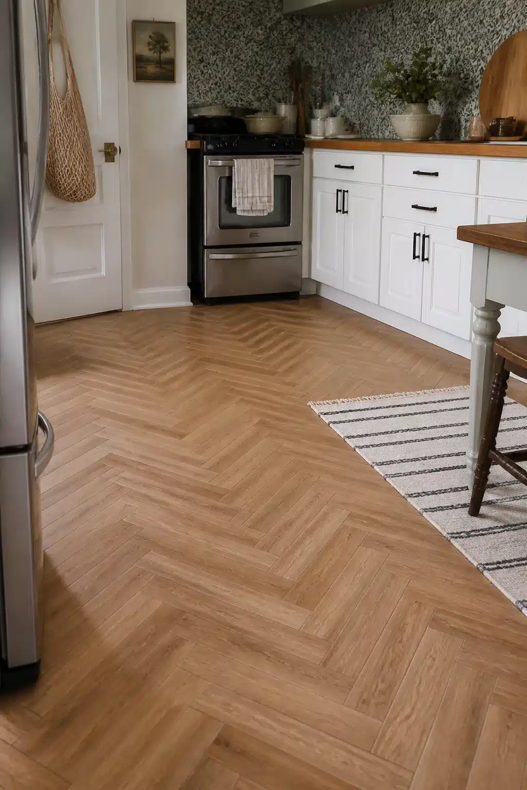 Peel-and-stick herringbone wood-look vinyl floor in a renter-friendly temporary rental kitchen makeover.