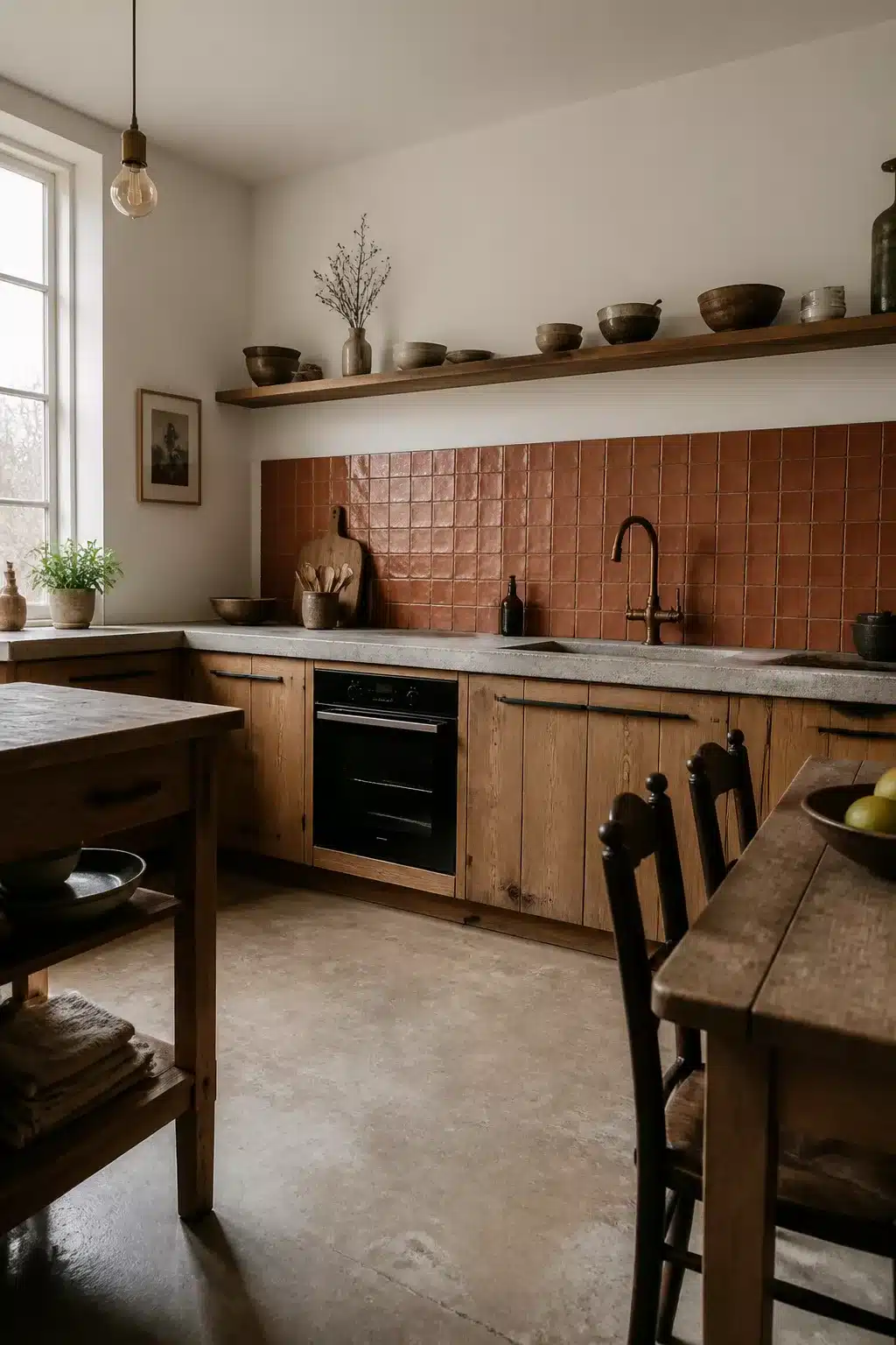Handmade zellige terracotta kitchen backsplash with oak cabinets and concrete countertop in a rustic kitchen