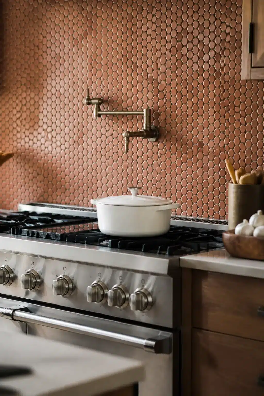 Terracotta penny round tile kitchen backsplash with brass pot filler above a stainless gas range