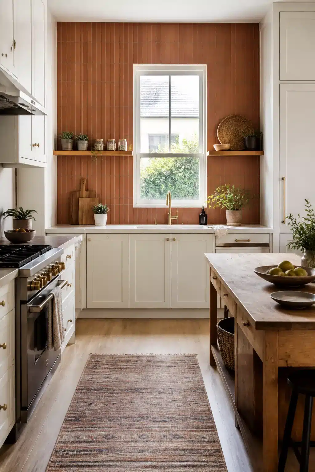 Vertical terracotta strip tile kitchen backsplash with cream shaker cabinets and brass fixtures — terracotta kitchen backsplash idea