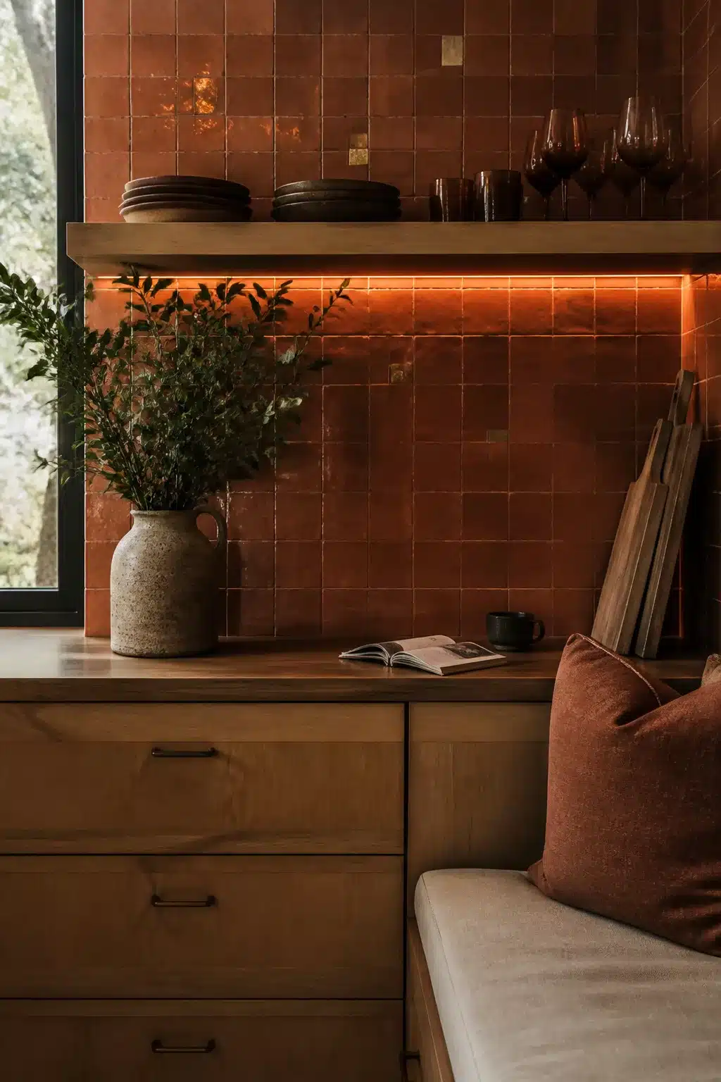 Terracotta zellige kitchen backsplash with warm under-shelf lighting and oak cabinets — terracotta kitchen backsplashes
