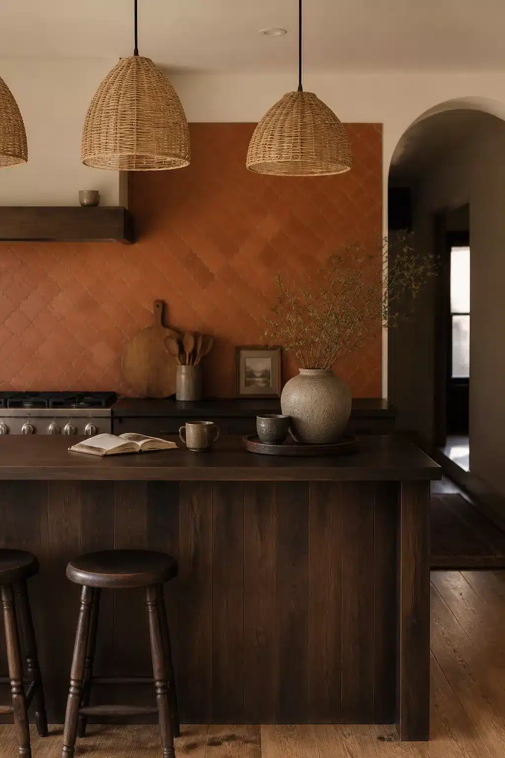 Diamond-pattern terracotta kitchen backsplash with dark walnut island and rattan pendant lights