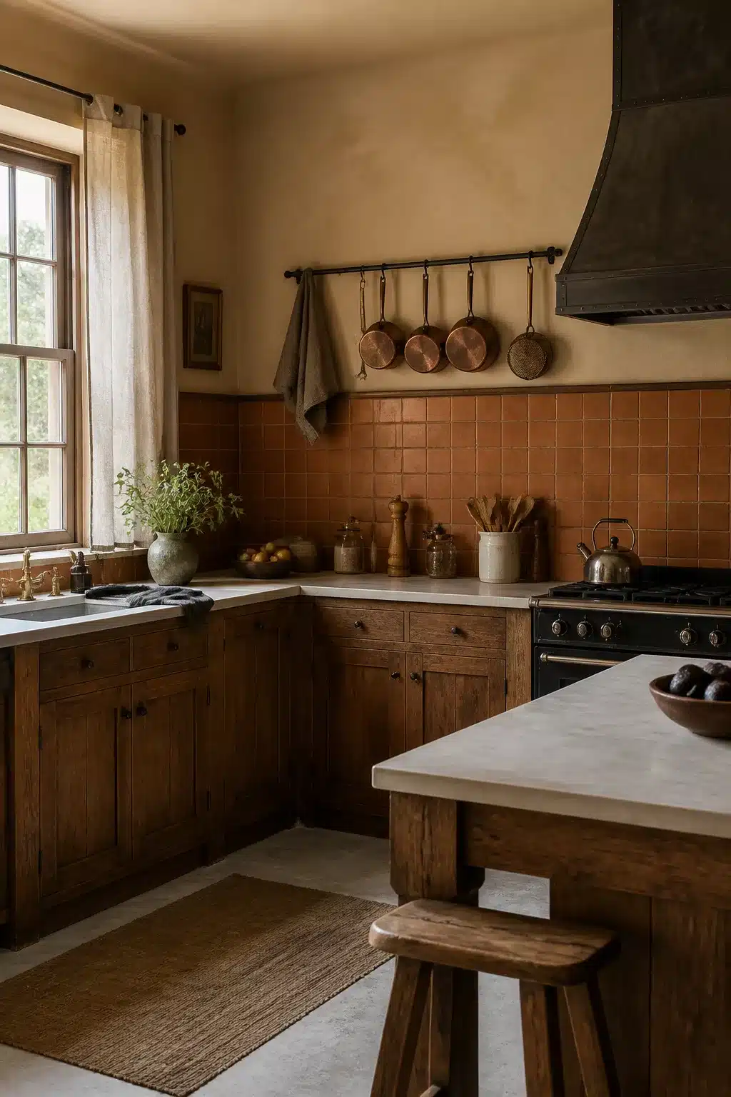 Half-wall terracotta kitchen backsplash with square tiles, warm plaster above, dark oak cabinets and copper pans