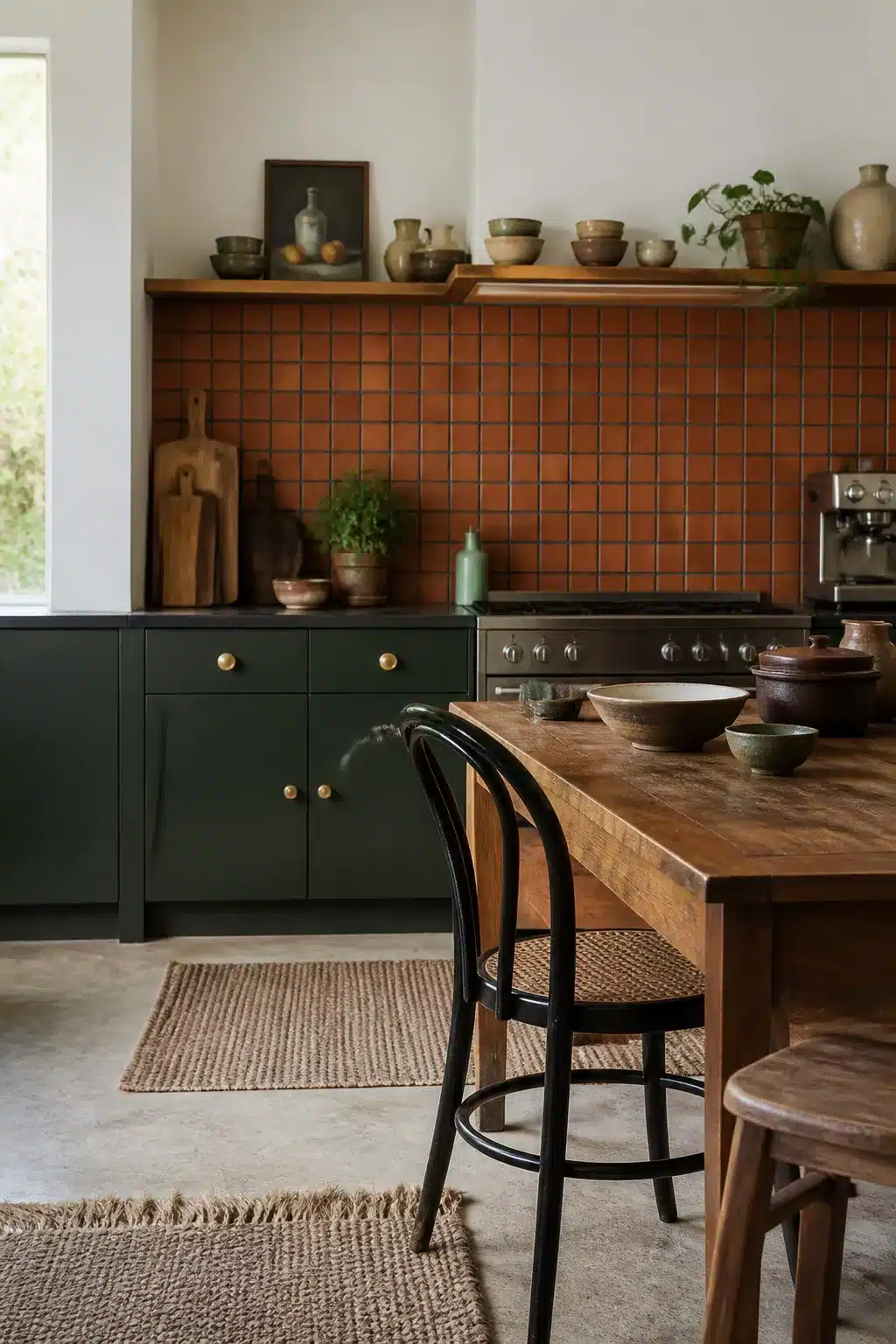 Terracotta kitchen backsplash with small grid tiles, dark green cabinets, brass hardware, and a walnut open shelf.
