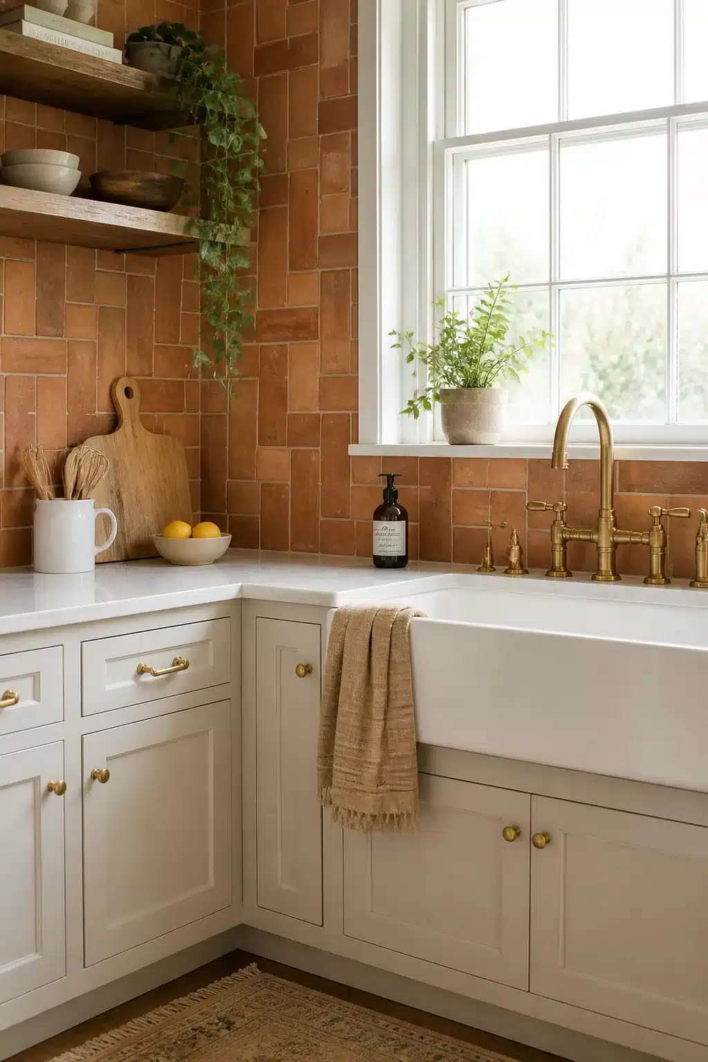 Running bond terracotta kitchen backsplash with cream cabinets and brass hardware — terracotta kitchen backsplashes idea