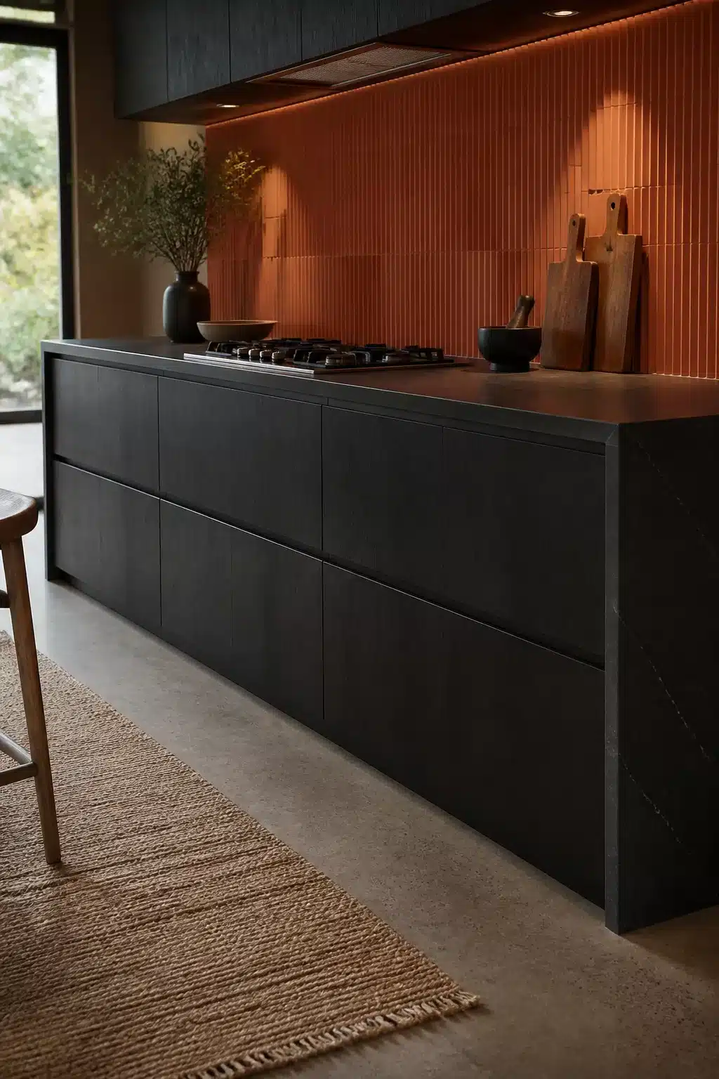 Fluted terracotta kitchen backsplash with vertical relief tiles behind charcoal handleless cabinets and dark stone countertop.
