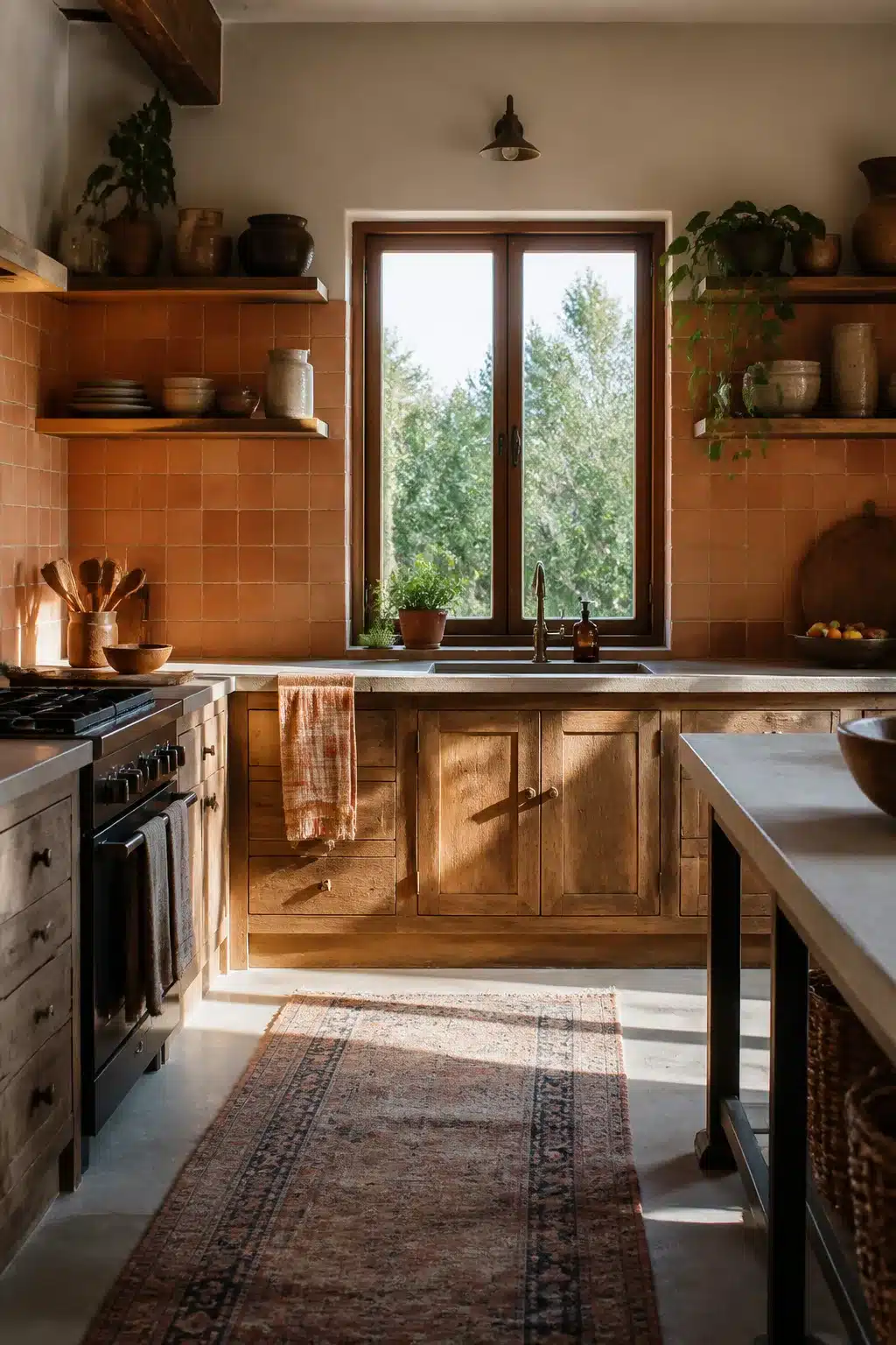 Terracotta kitchen backsplash with mixed-tone square tiles, raw oak cabinets, and concrete countertop in a rustic kitchen