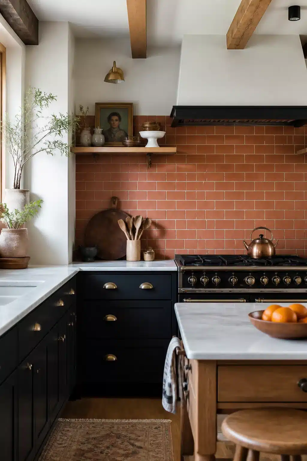 Terracotta brick-pattern kitchen backsplash with black cabinets, brass hardware, and a copper kettle on a gas range.