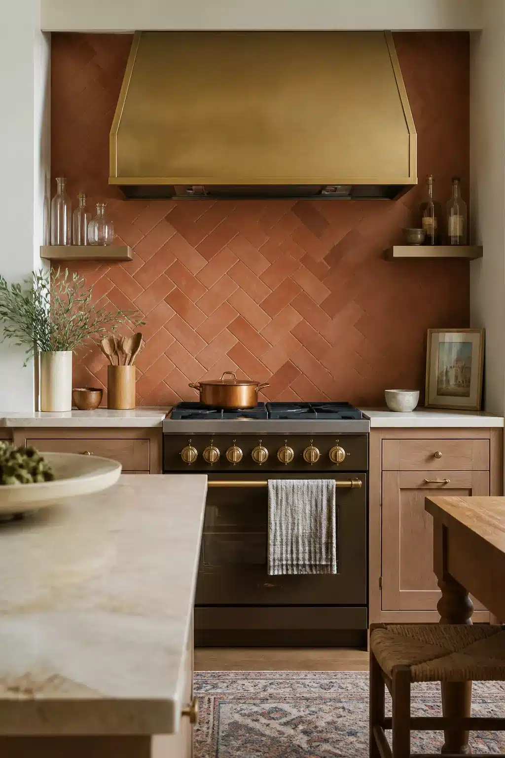 Terracotta herringbone kitchen backsplash with brass range hood and black gas range — terracotta kitchen backsplash idea
