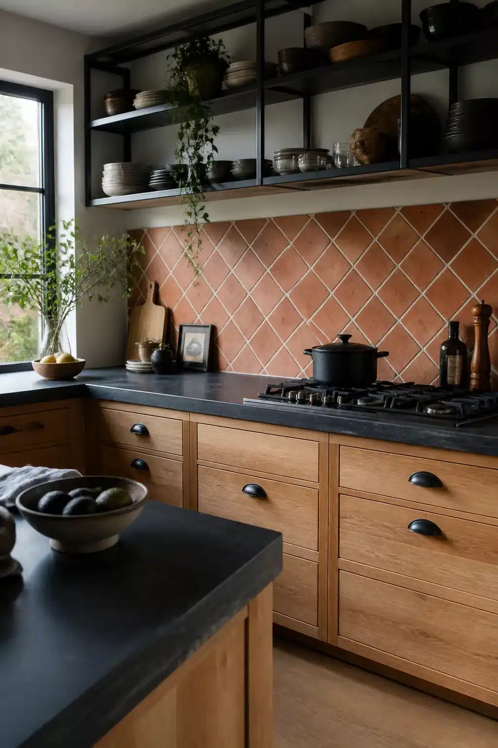 Diamond lattice terracotta kitchen backsplash with oak cabinets, black steel shelving, and dark honed countertops.