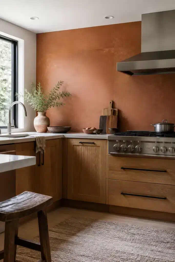 Smooth plaster terracotta kitchen backsplash behind a stainless range with oak cabinetry — terracotta kitchen backsplashes