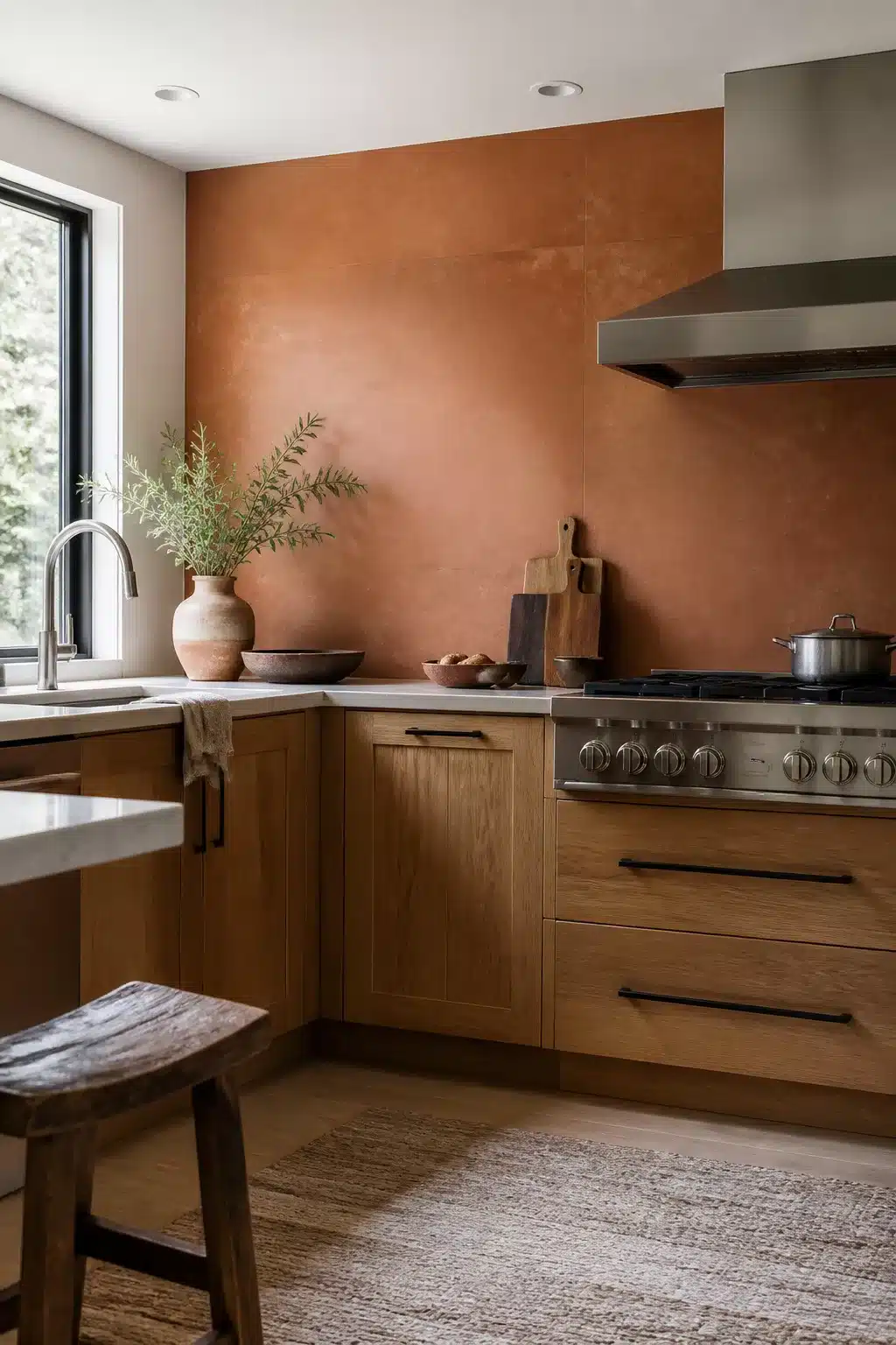 Smooth plaster terracotta kitchen backsplash behind a stainless range with oak cabinetry — terracotta kitchen backsplashes