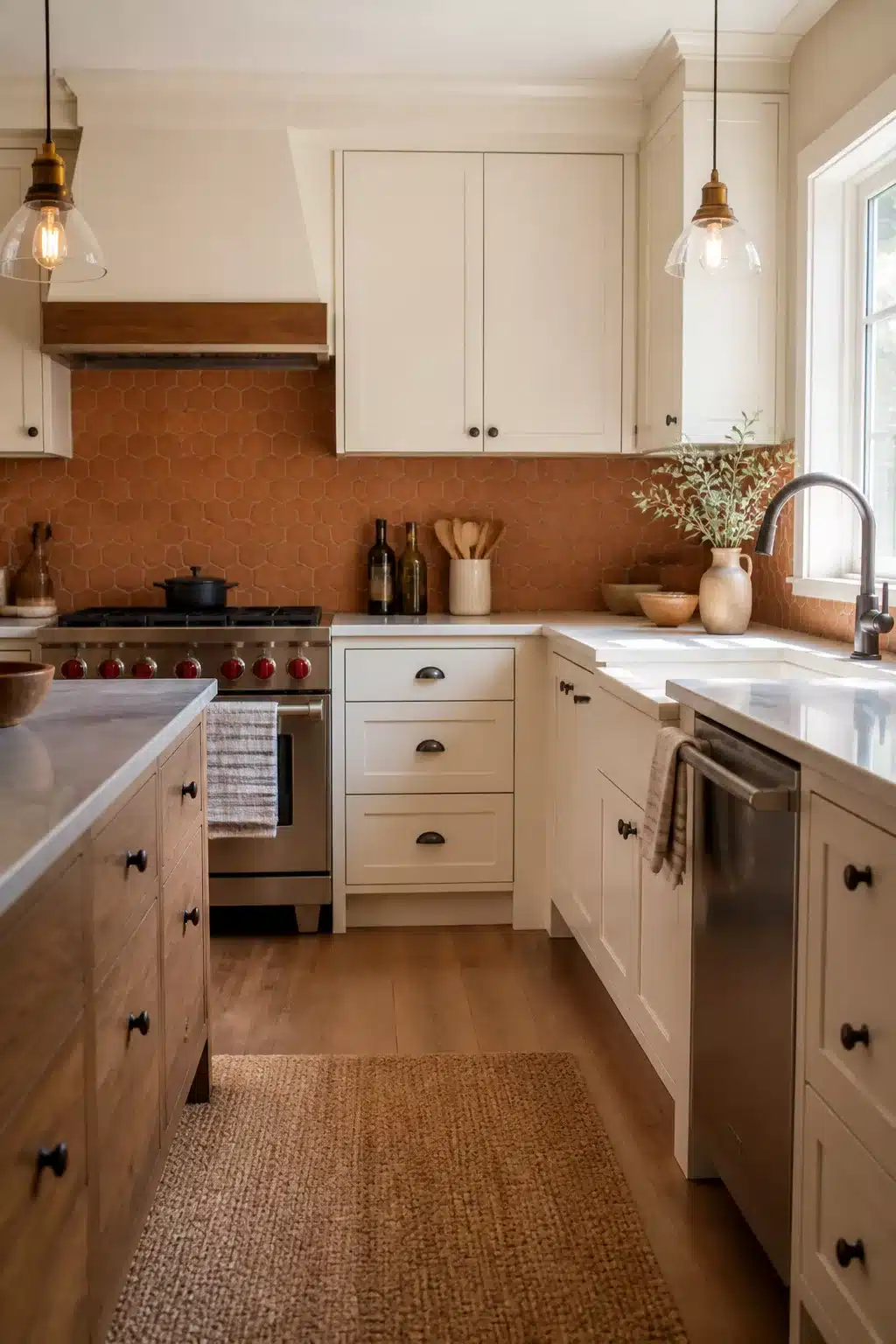 Terracotta hexagon mosaic kitchen backsplash behind a stainless range with white shaker cabinets and wood hood