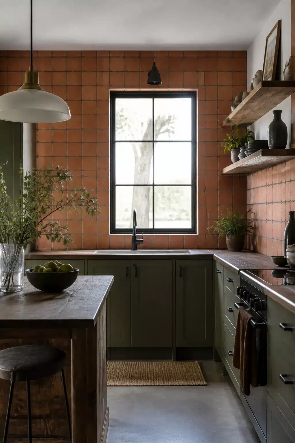 Matte terracotta kitchen backsplash with dark grout lines, olive cabinets, and open wood shelving.